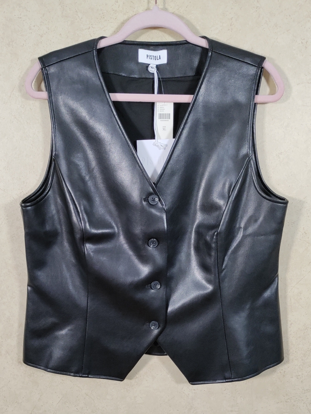 J197 Anthropologie Pistola Danica Black Faux Leather Button-Front Vest XL NWT